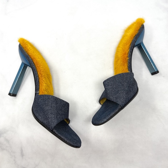 Giuseppe Zanotti Vicini Vintage Rare Mink Fur Glitter Denim Mule Slide Heels 39 - Picture 2 of 12